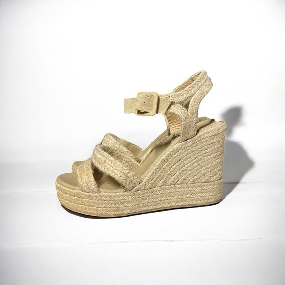 🌻NEW NWOT Jeffrey Campbell "Soffia" Beige 2 Platform Open Wedge Espadrilles 41 - Picture 1 of 10